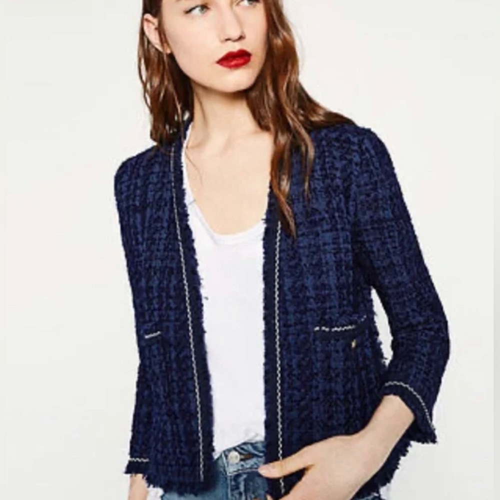 Zara Navy Tweed Blazer with Gold Buttons - Picture 4 of 10